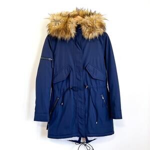 S13 New York Ultra Tech Field Womens Parka Coat Size XS Blue Faux Fur Hooded Zip